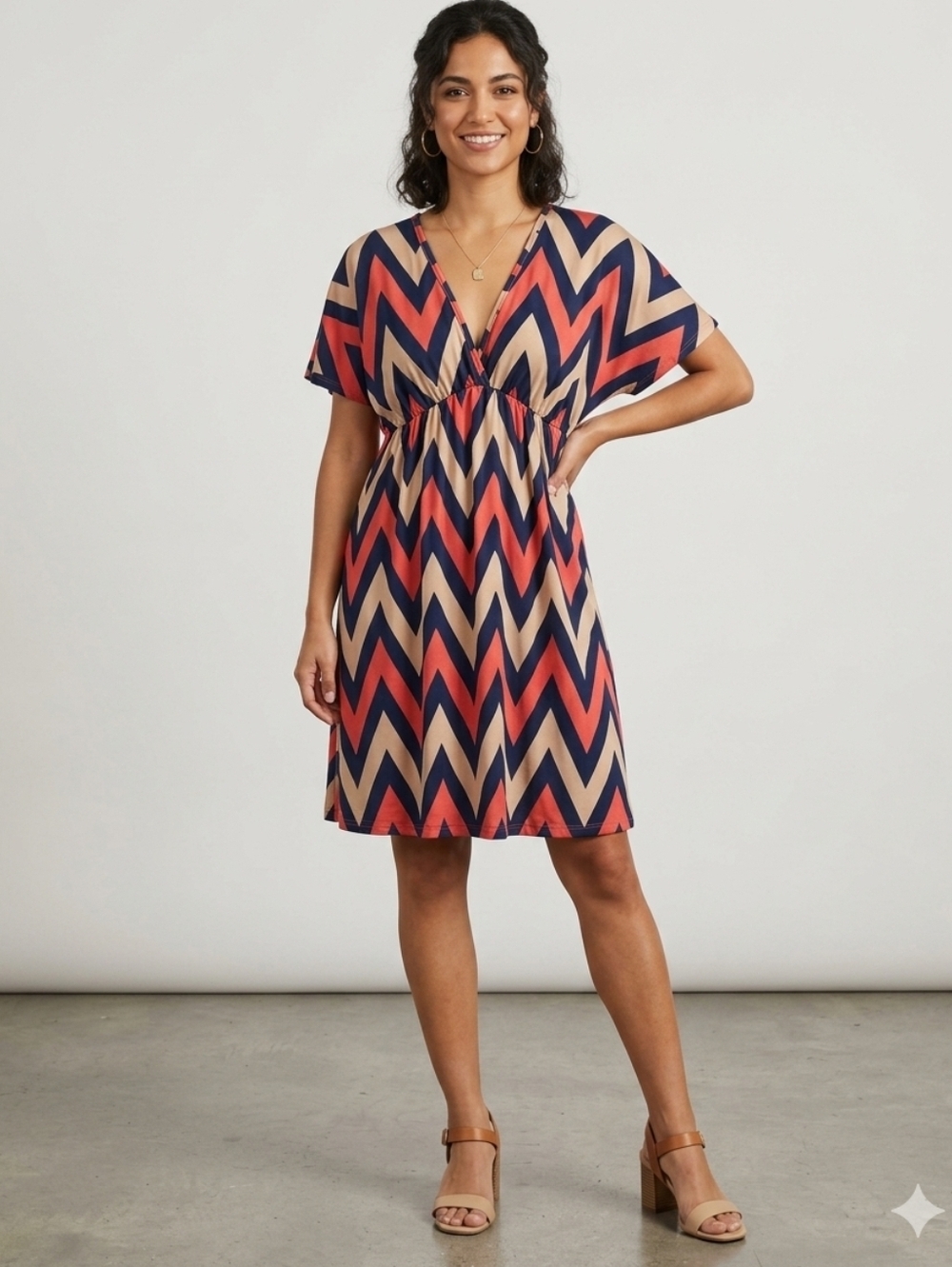 Yetts Chevron V-Neck Midi Dress in Navy, Orange & Tan Size M